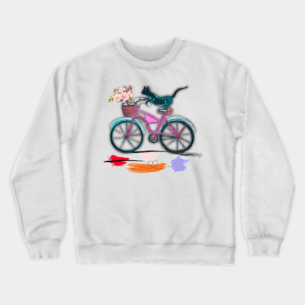 Tuxedo cat riding pink bike Crewneck Sweatshirt by LuluCybril